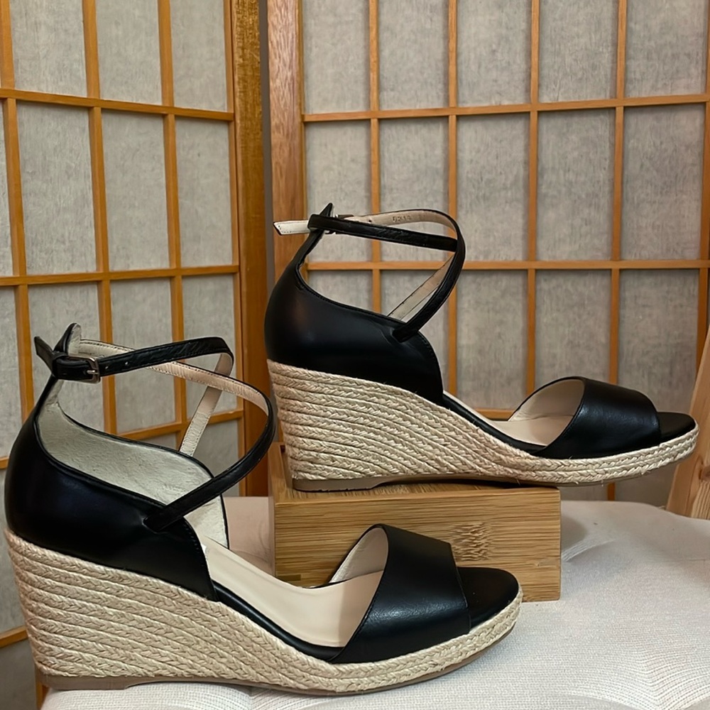 L.K. Bennett Black Leather Nellie Peep Toe Espadrille Wedge Heel EU 37.5 /US 7 - Picture 6 of 16